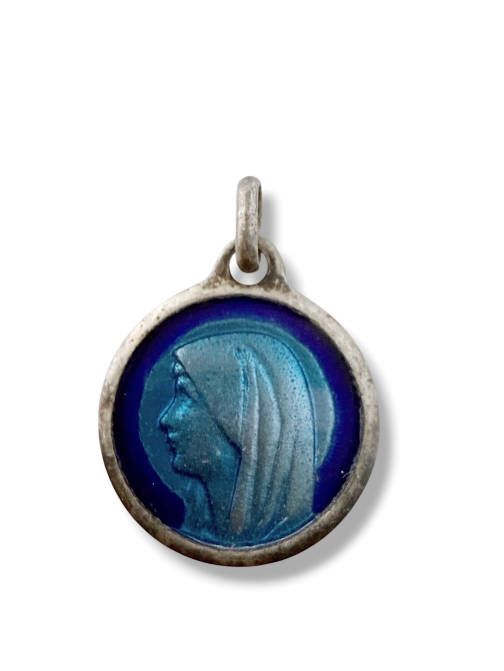 Vintage Virgin Mary Lourdes Blue Enamel Round Religious Medal Charm Silvertone